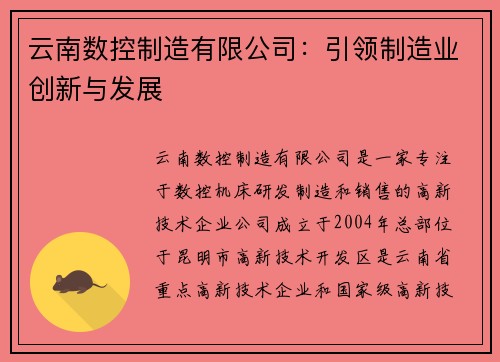 云南数控制造有限公司：引领制造业创新与发展